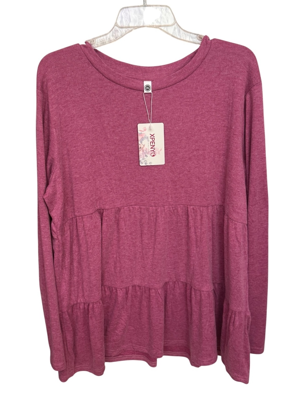 138 NWT XPENYO 2XL 27" PTP Long Sleeve Soft Tiered Peplum Top Rose Pink R0000138